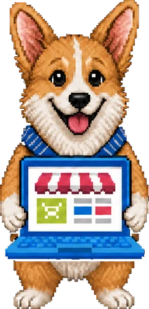 Corgi con arnés azul, en pixel art, con una laptop que muestra una tienda en línea